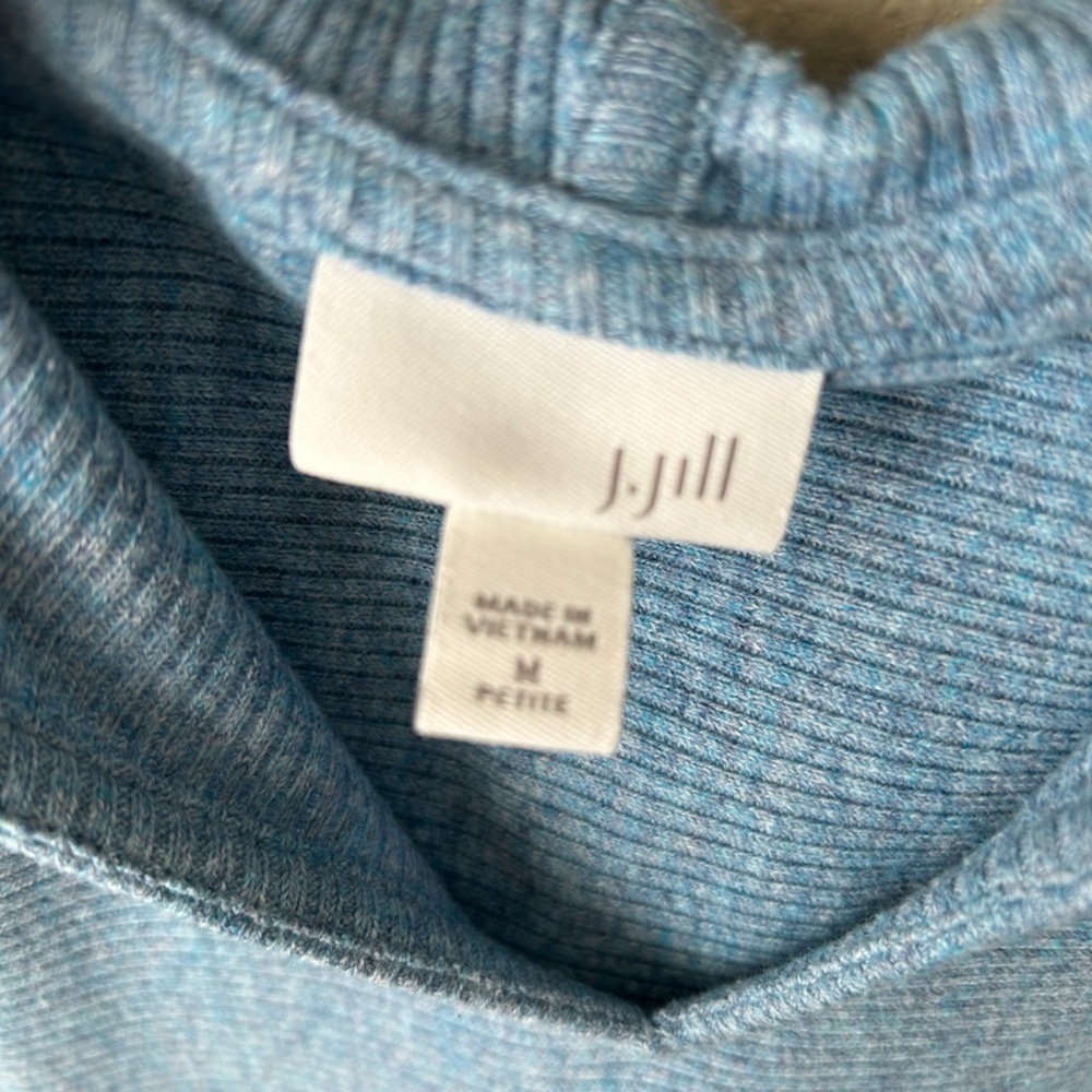 J.Jill Hooded Split-Neck Sweater Tunic Blue Heather Side-Slit Size Petite Medium - Picture 13 of 16